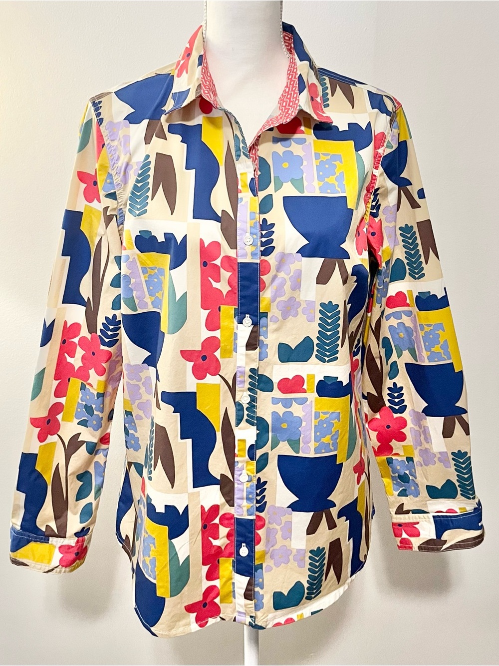 J. McLaughlin Colorful Lois Geometric Floral Button-Up Crisp Cotton Shirt. Sz L